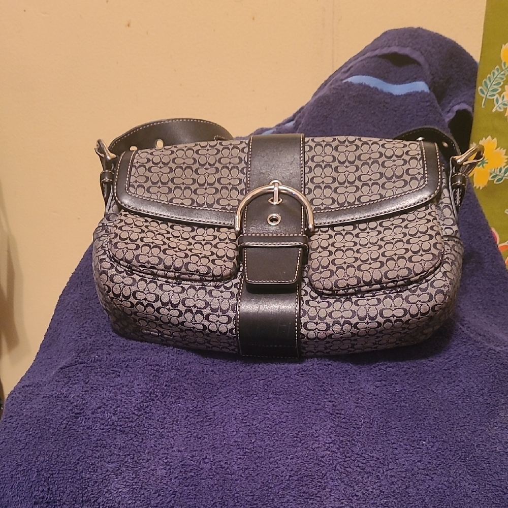 Coach Black and Gray Shoulder Bag with Signature Jacquard
